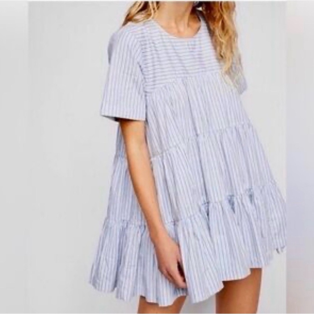 Free People Blue & White Striped Tiered Mini Dress
